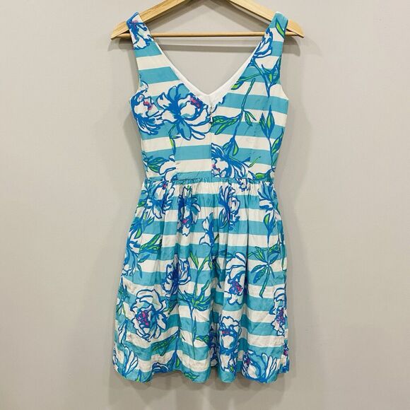 LILLY PULITZER 0 Roswell Fit & Flare Swing Dress Striped Floral Silk Resort:Read - Picture 6 of 16